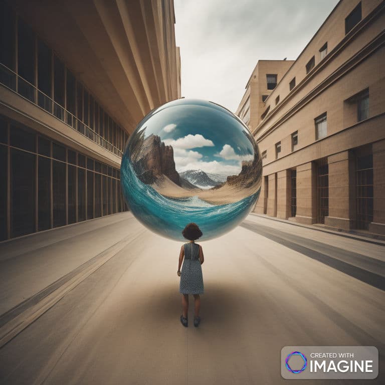A girl looking at a big crystal ball in a city.