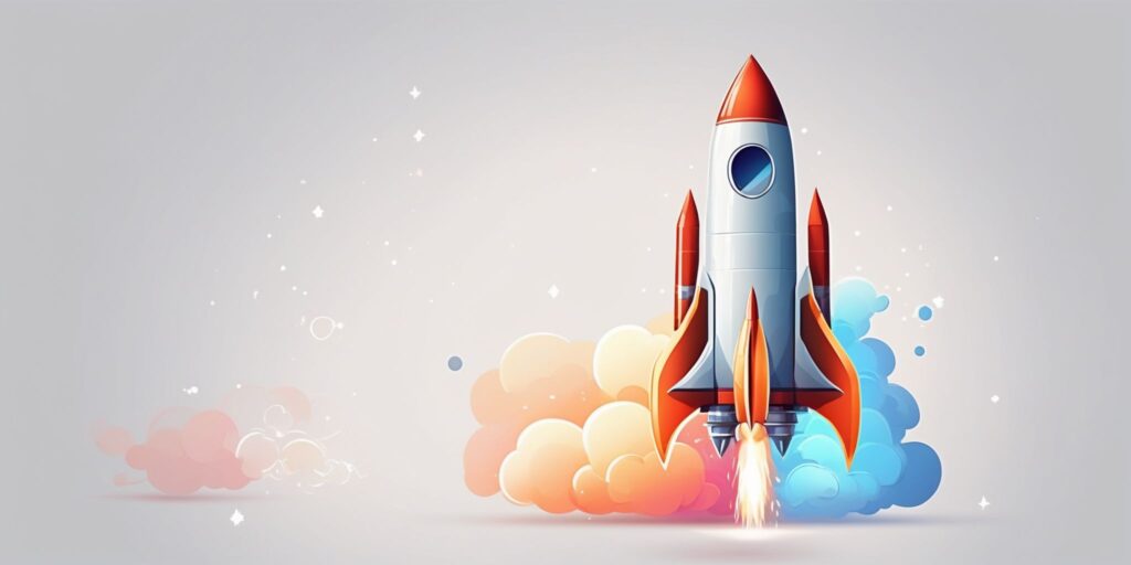 Rocket in illustration style with gradients and white background