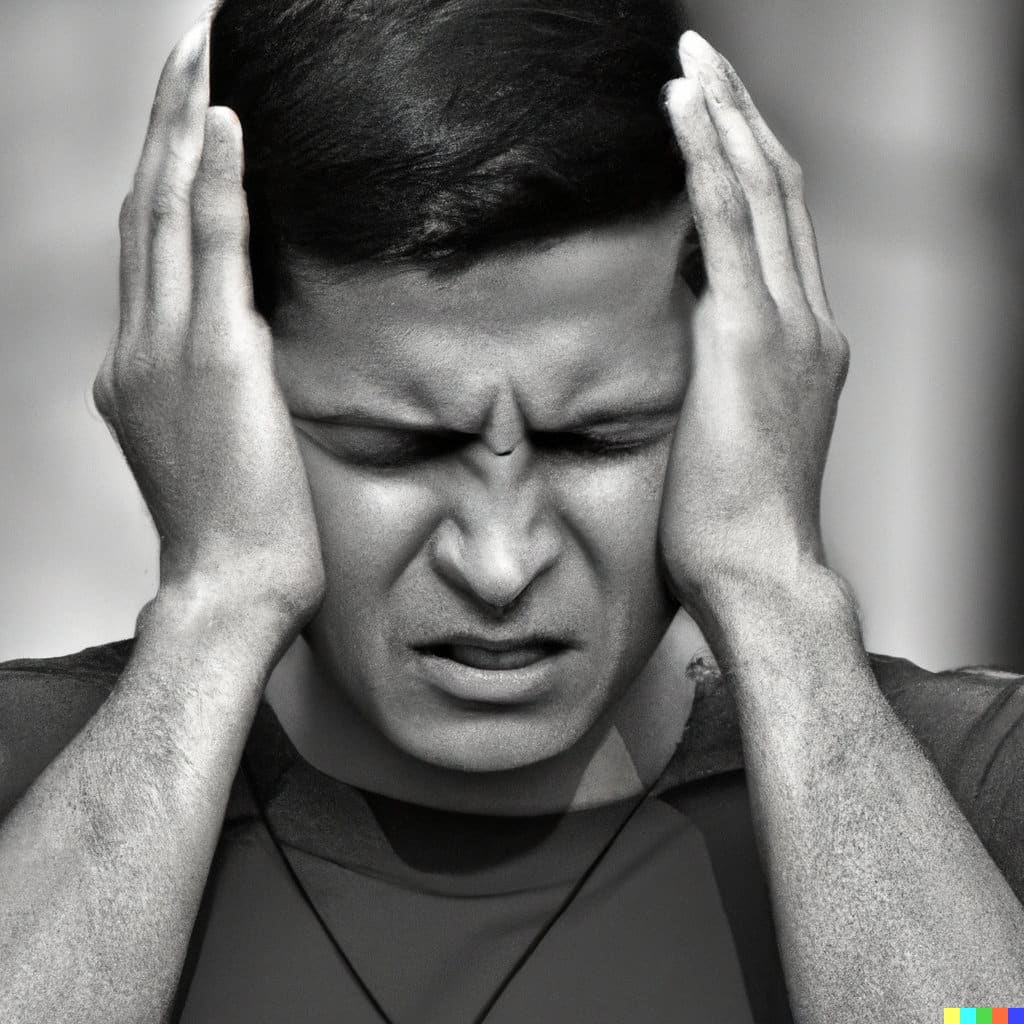 A black-and-white image of a man suffering severe PTSD